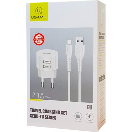 Φορτιστής τοίχου Usams T20 και καλώδιο micro usb Λευκό combo